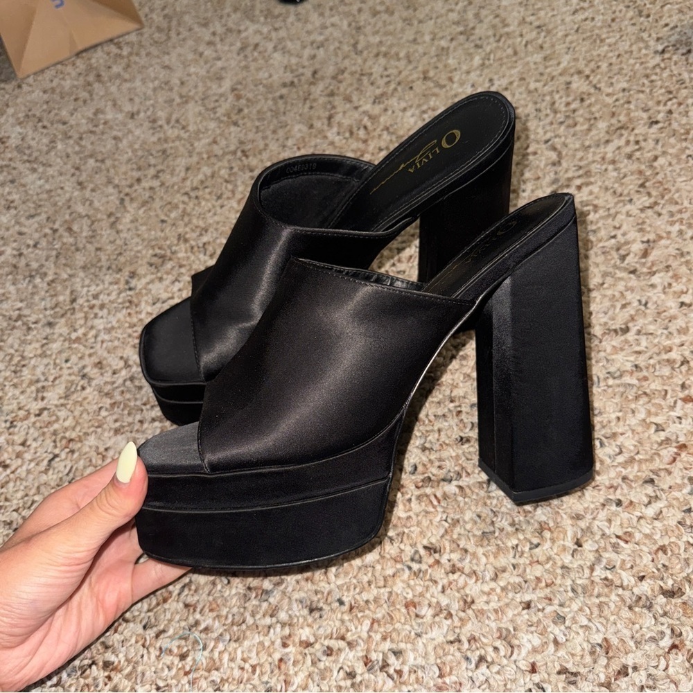 Platform Chunky Satin Black Mules Heels 9 - Picture 7 of 9